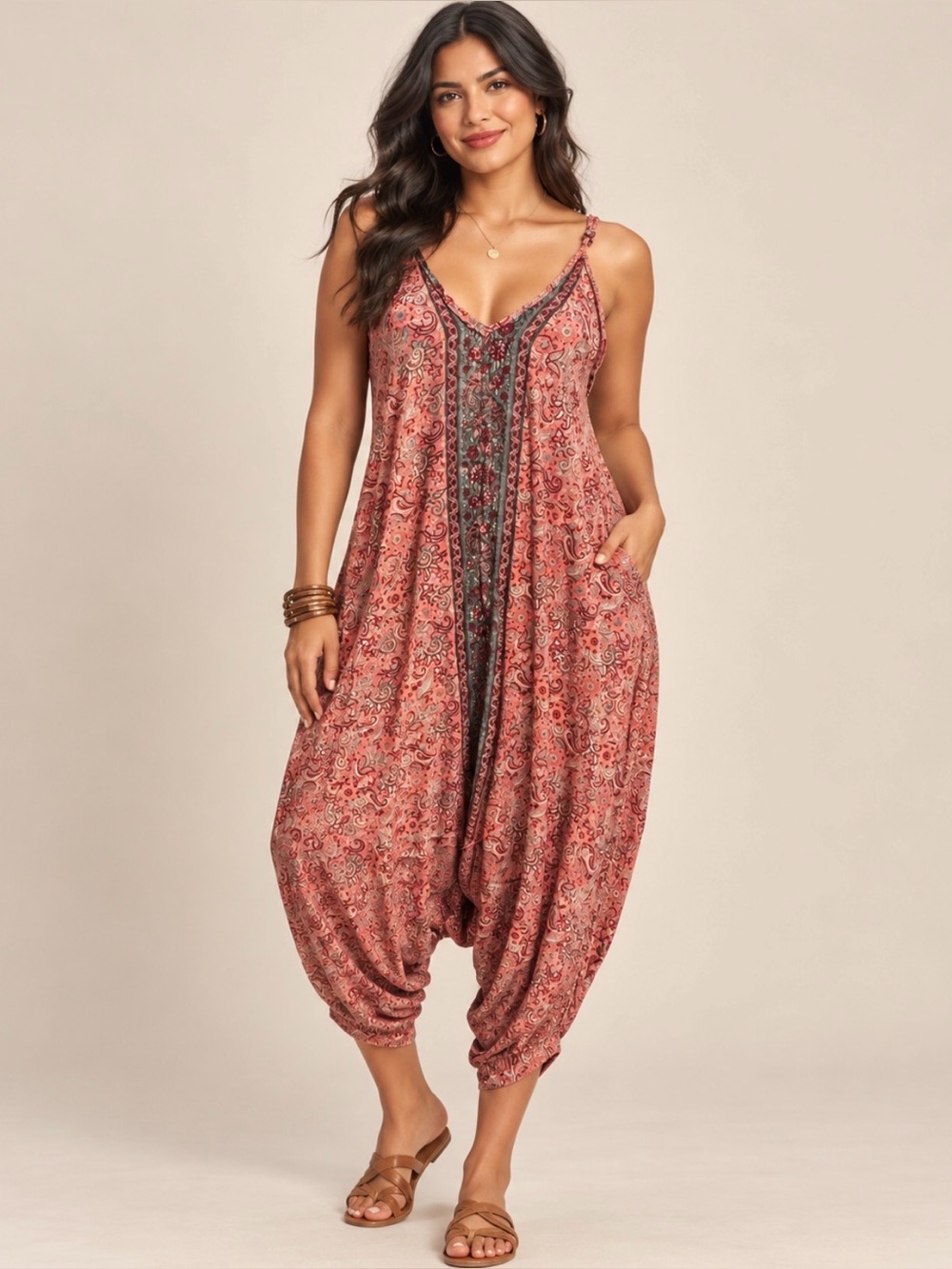 Karma Highway BOHO Sleeveless Pink Paisley Jumpsuit Romper with V-Neck Size: OS